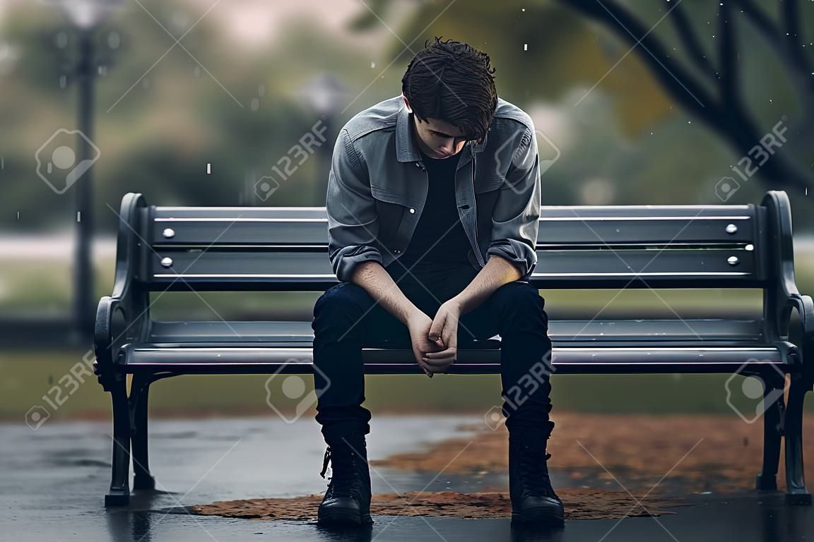 Sad and depressed young man sitting alone on a bench in the rain.