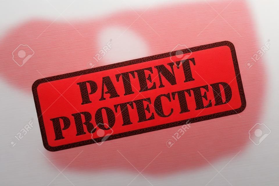 PATENT PROTECTED red rubber stamp over a white background.