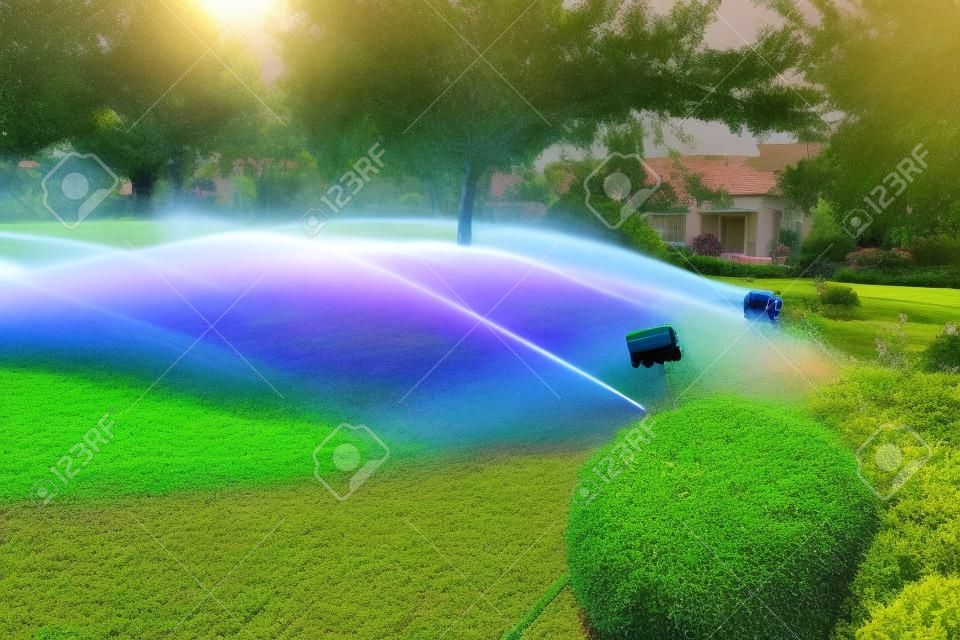 Automatic garden watering system with different sprinklers installed under turf. Landscape design with lawn hills and fruit garden irrigated with smart autonomous sprayers at sunset evening time.