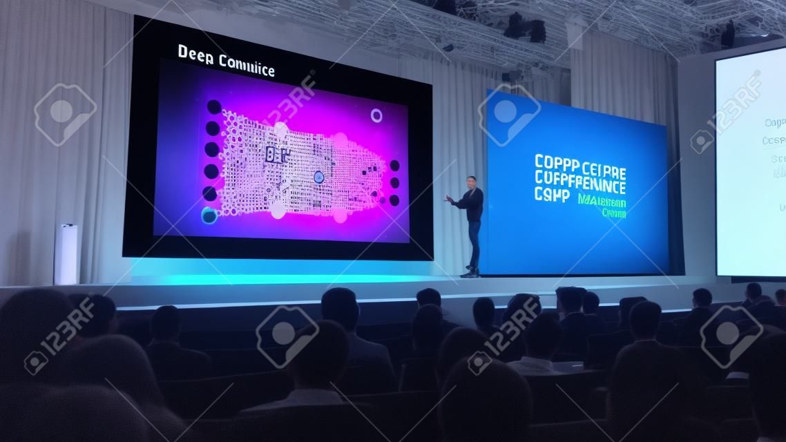 Computer Science Startup Conference: On Stage Speaker Does Presentation of New Product, Talks about Deep Learning, Shows New AI, Big Data and Machine Learning App on Big Screen. Live Event