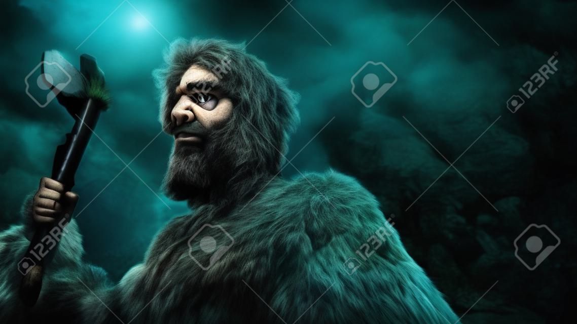 Il cavernicolo primordiale che indossa la pelle di animale tiene il martello con la punta di pietra esce dalla caverna e guarda nella foresta preistorica, pronto a cacciare la preda animale. Neanderthal a caccia nella giungla.