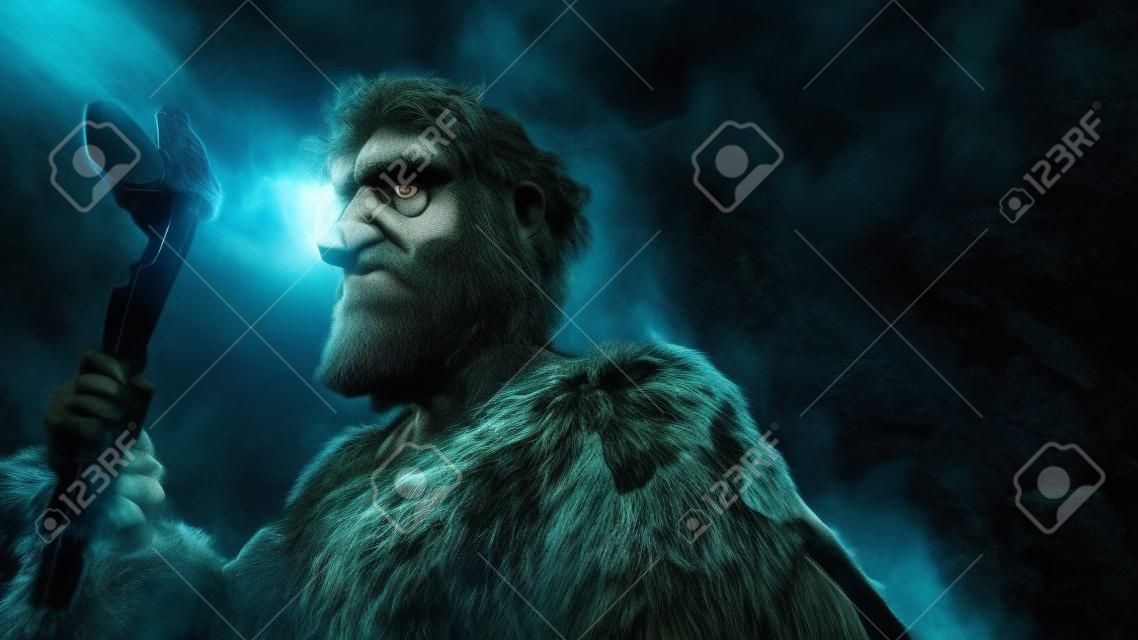 Primeval Caveman Wearing Animal Skin Holds Stone Tipped Hammer Comes out of the Cave and Looks into Prehistoric Forest, Ready to Hunt Animal Prey. Neanderthal Going Hunting into the Jungle.