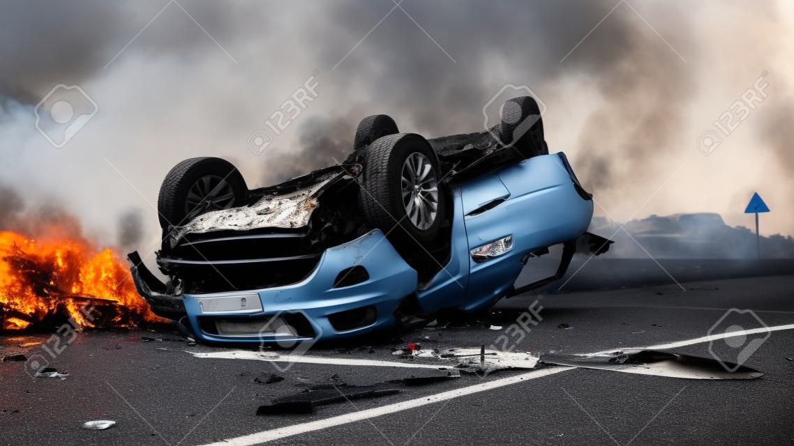 Horrific Traffic Accident, Rollover Smoking and Burning Vehicle Lying on its Roof in the Middle of the Road after Collision. Daytime Crash Scene with Severely Damaged Car.