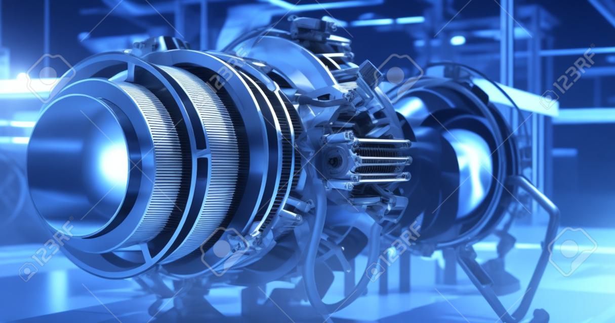 Avanzato motore a turbina futuristico con più ventole, cavi, connettori. motore a reazione dal design elegante e contemporaneo in color argento tecnologico. progetto in sviluppo