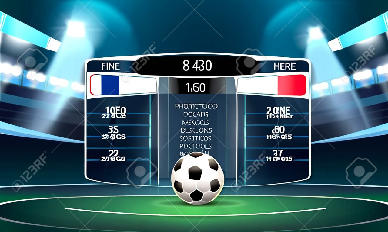 Fußball-Fußball-Stadion-Scheinwerfer und Anzeigetafel-Hintergrund mit Glitzer-Licht-Vektor-Illustration