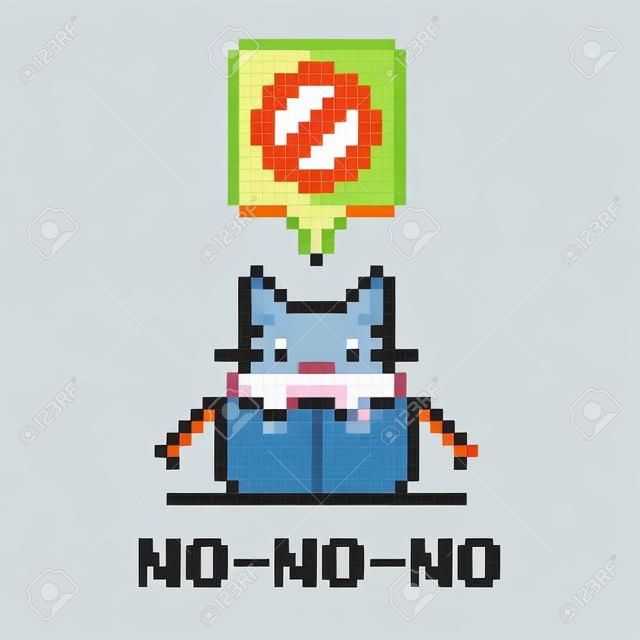 ilustración de arte de píxeles planos simples y coloridos de un lindo gatito de dibujos animados sentado en una caja de cartón abierta y una burbuja de habla con el signo de cancelación en ella