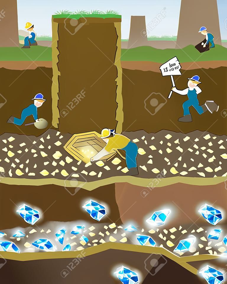 Mina de Esfuerzo. 4 mineros cavar en busca de tesoros. La que nunca te rindas ganará una recompensa final.