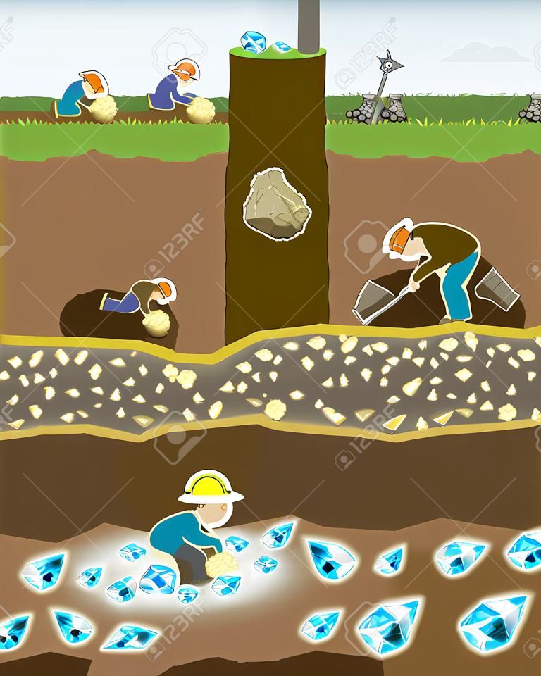 Mina de Esfuerzo. 4 mineros cavar en busca de tesoros. La que nunca te rindas ganará una recompensa final.
