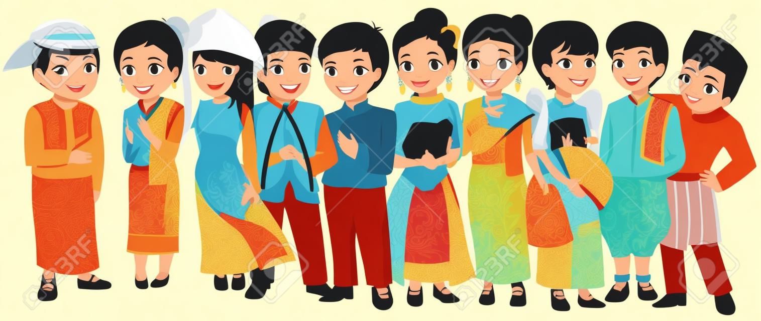 Grupo de gente del sudeste de Asia con diferentes razas y culturas en el lindo diseño de dibujos animados que representa ASEAN organización vector