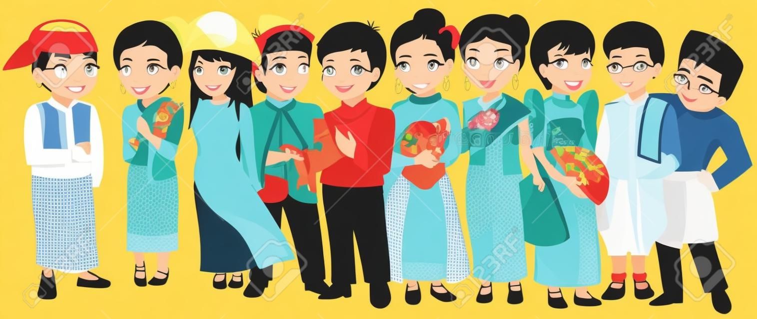 Azji Południowo-Wschodniej grupa ludzi z różnych ras i kultur w Cute cartoon ilustracji projektowania wektor reprezentujący organizacji ASEAN