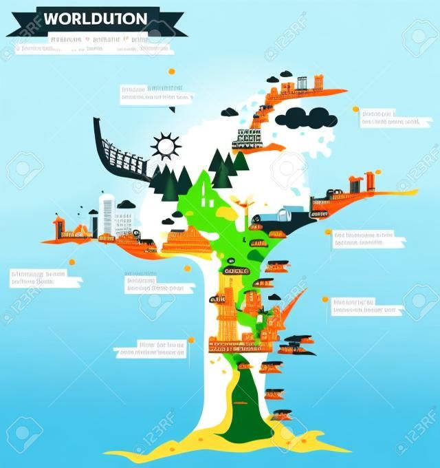 El mundo del diseño de la plantilla infografía contaminación en forma de árbol muerto, crear por el vector