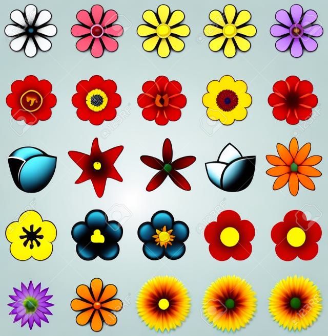 ベクトルによって単純な図形幾何花バラ チューリップひまわりデイジーなど他シルエット アイコン コレクション セットを作成します。