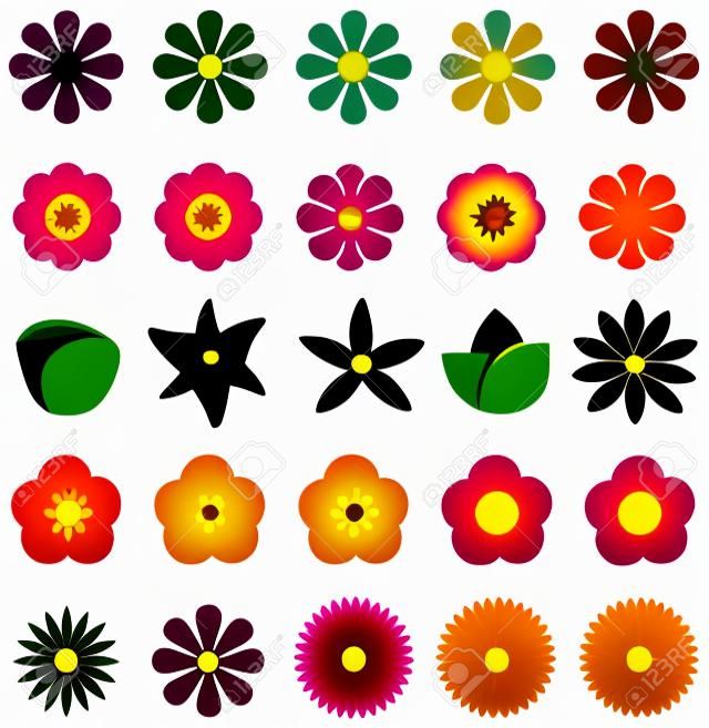 Eenvoudige vorm geometrische bloem zoals rozen tulp zonnebloem madeliefje en andere silhouet pictogram verzameling set, gemaakt door vector