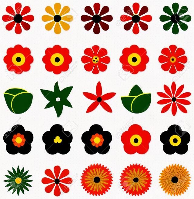 Forme simple fleur géométrique comme la rose tulipe marguerite de tournesol et d'autres jeu de collection silhouette icône, créer par le vecteur