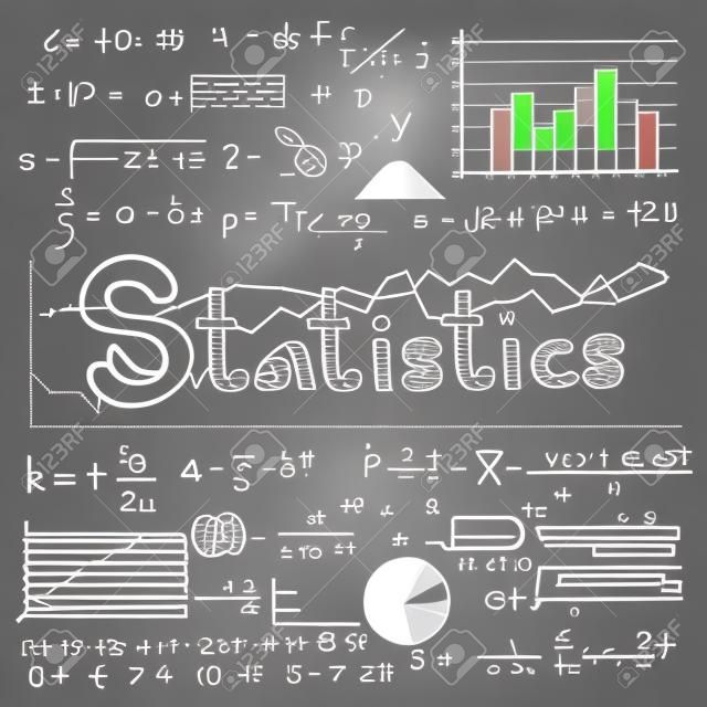 Teoria da lei matemática estatística e fórmula matemática equação doodle giz manuscrito ícone com gráfico gráfico e diagrama em fundo quadro-negro, criar por vetor