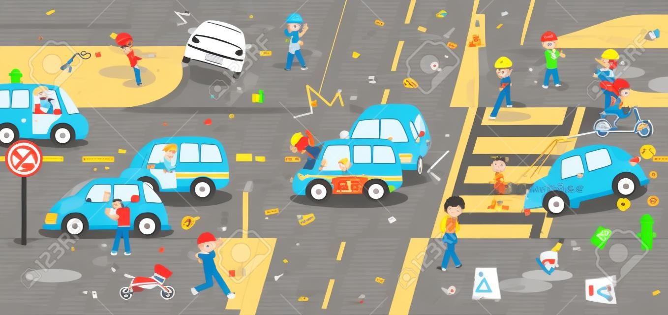 事故、けが、交通道路車両原因車自転車で上の危険と安全の注意と不注意な人の記号と子供のためのかわいい面白い漫画コンセプト シンボル街路をベクターを作成します。