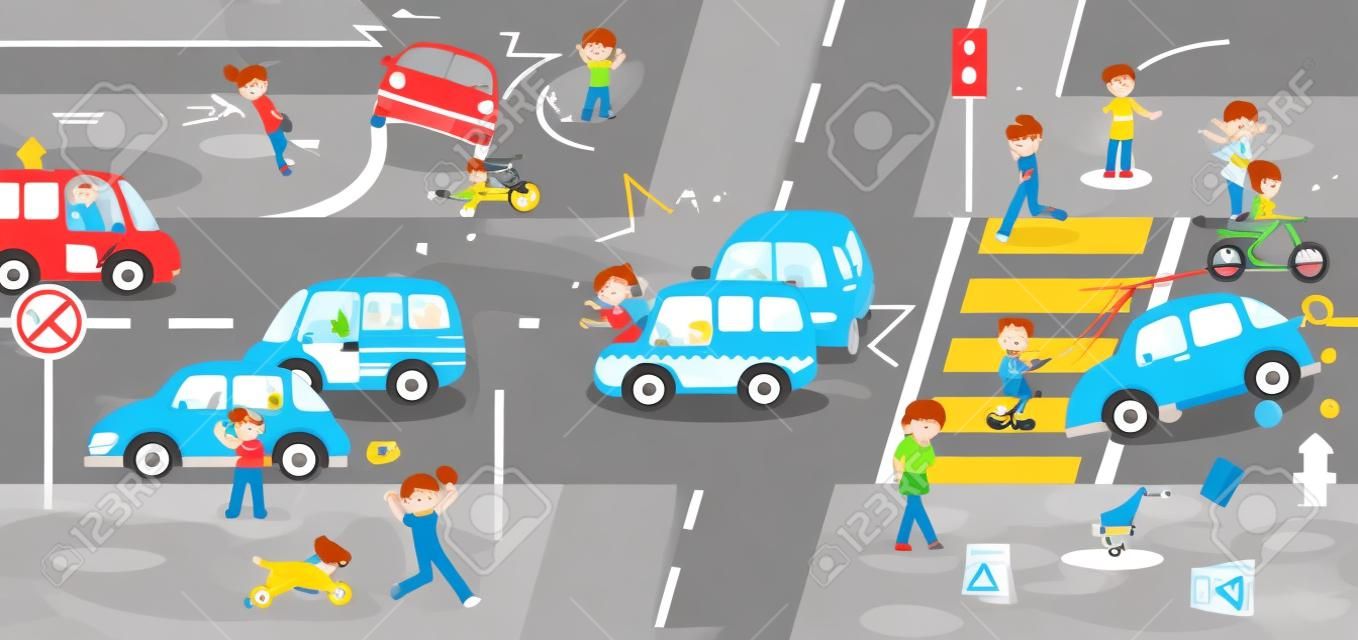 Accidents, injuries, danger and safety caution on traffic road vehicles cause by cars bicycle and careless people on urban street with sign and symbol in cute funny cartoon concept for kids, create by vector