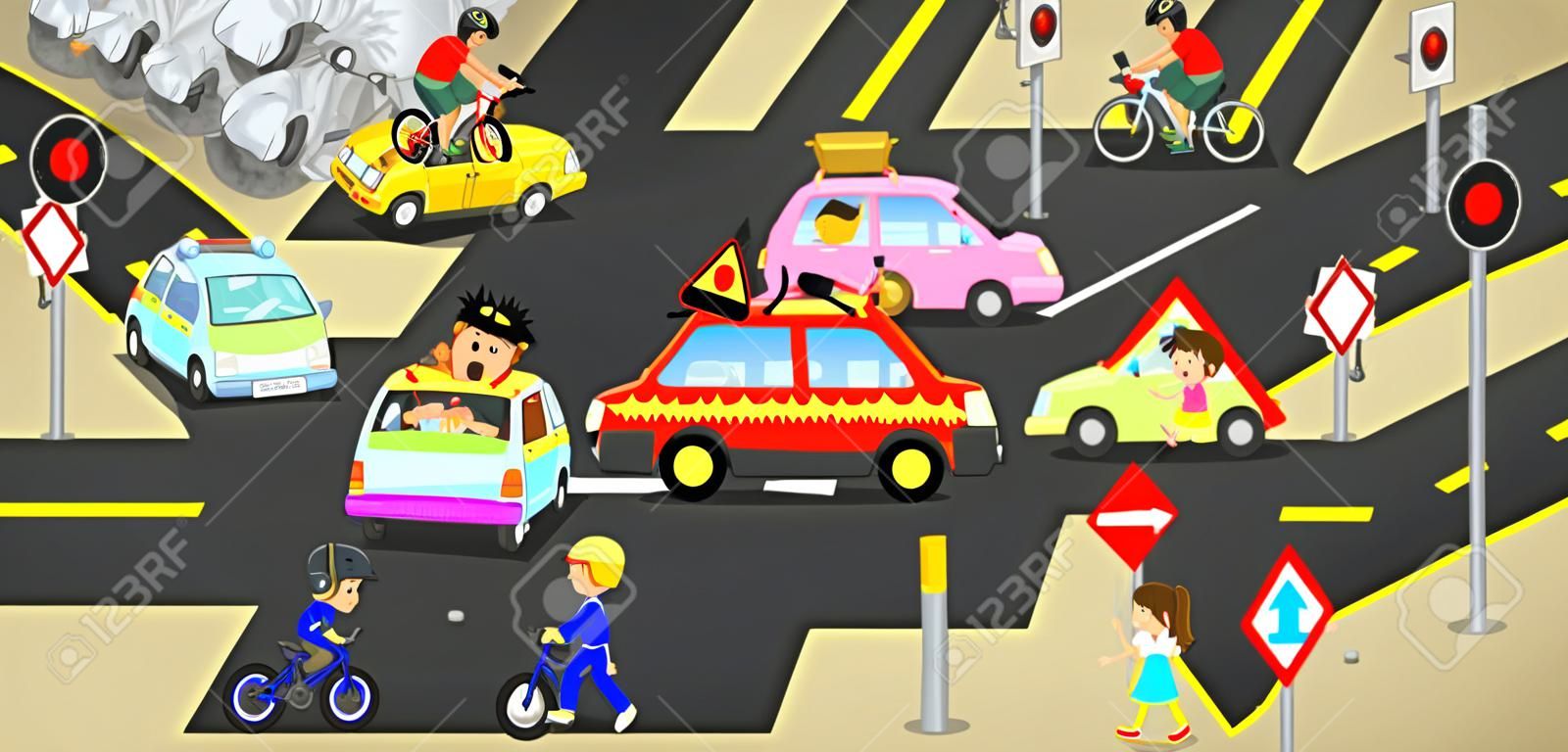 Wypadki, urazy, niebezpieczeństwa oraz ostrzeżenia na pojazdach drogowych ruchu powodują samochody rowerem i beztroskich ludzi na ulicy miejskiego ze znakiem i symbolem w cute koncepcji kreskówki śmieszne dla dzieci, tworzenie przez wektor