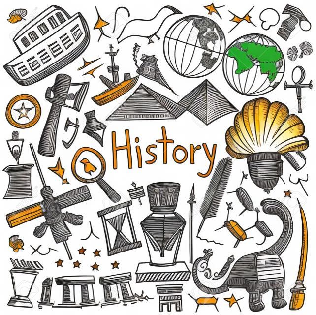 History education subject handwriting doodle icon of landmark location culture sign and symbol white isolated background paper used for presentation title with header text, create by vector