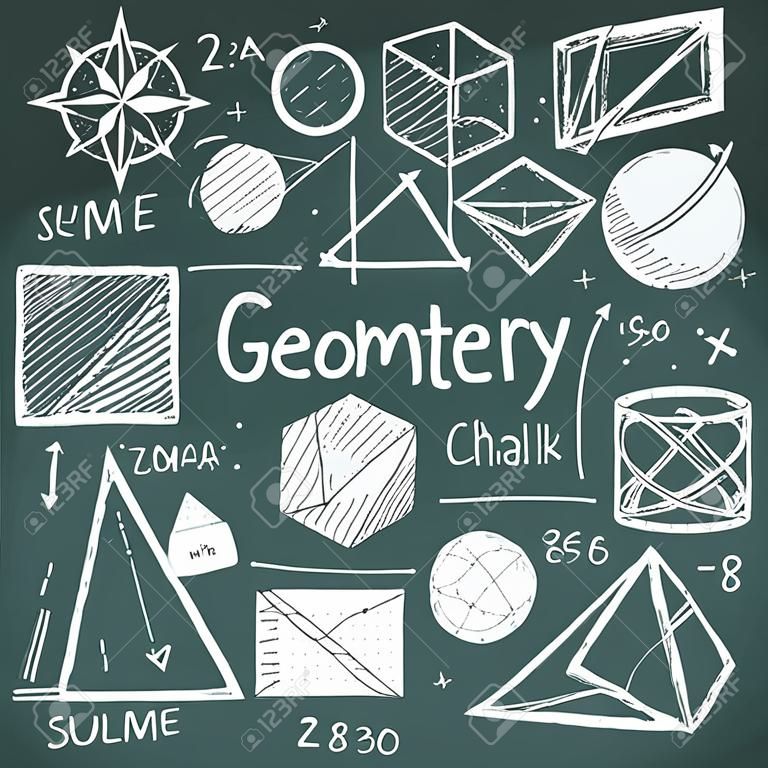 Teoria matemática da geometria e fórmula matemática giz doodle manuscrito ícone no fundo de backboard com mão desenhada modelo geométrico usado para educação escolar e decoração de documentos, criar por vetor