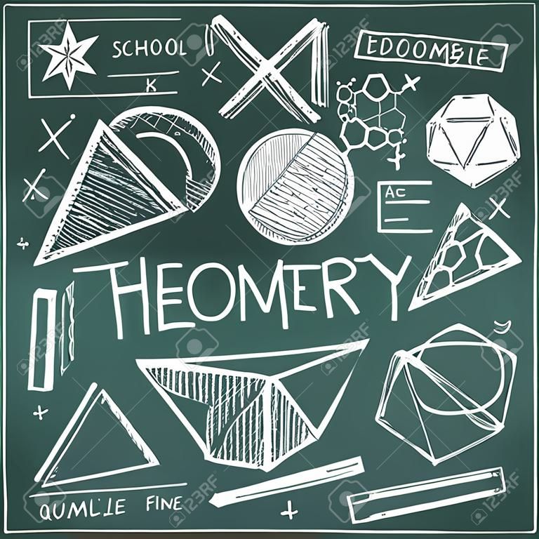 Теория Геометрия математика и математическая формула мелка каракули значок рукописного ввода в спинодержатель фон с рисованной геометрической модели, используемой для школьного образования и художественного оформления документов, создать вектором