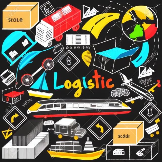 Logistic, transportation, and inventory management chalk handwriting doodle icon cargo object sign and symbol in blackboard background used for business presentation title or university education with header text, create by vector