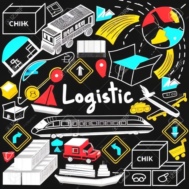 Logistic, transportation, and inventory management chalk handwriting doodle icon cargo object sign and symbol in blackboard background used for business presentation title or university education with header text, create by vector