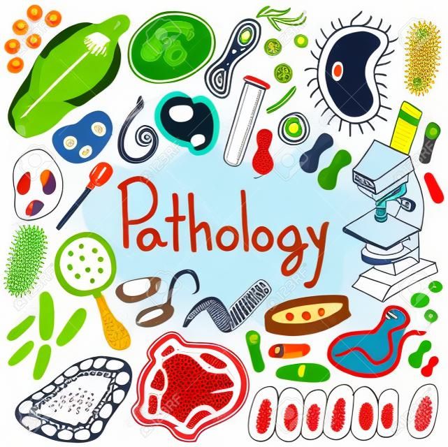 Patologia doodle ikony biologii pisma z kiełków i patogenów chorób człowieka, takich jak wirusy, bakterie, grzyby, ameby i pierwotniaków w białym odizolowanych tle papieru do prezentacji edukacji lub z zastrzeżeniem własności, tworzenie przez wektor