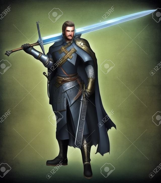 Характер иллюстрации мультфильм мужской фантазии воин с мечом и дробовиком. Дизайн персонажей с охотника и воина в концепции фэнтези.