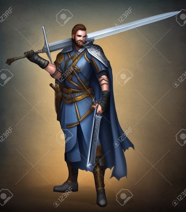 Характер иллюстрации мультфильм мужской фантазии воин с мечом и дробовиком. Дизайн персонажей с охотника и воина в концепции фэнтези.
