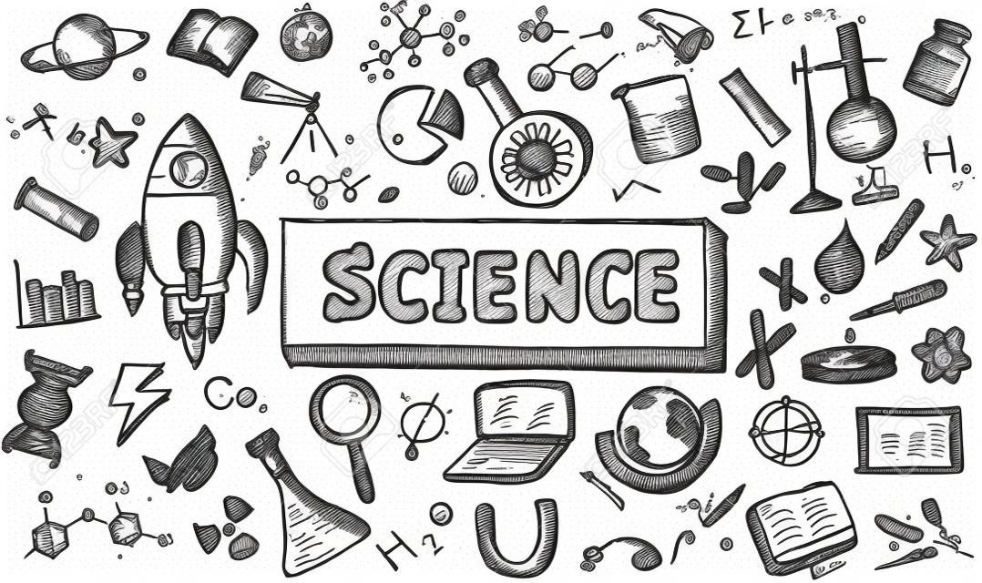 Black and white sketch science chemistry physics biology and astronomy education subject doodle icon.