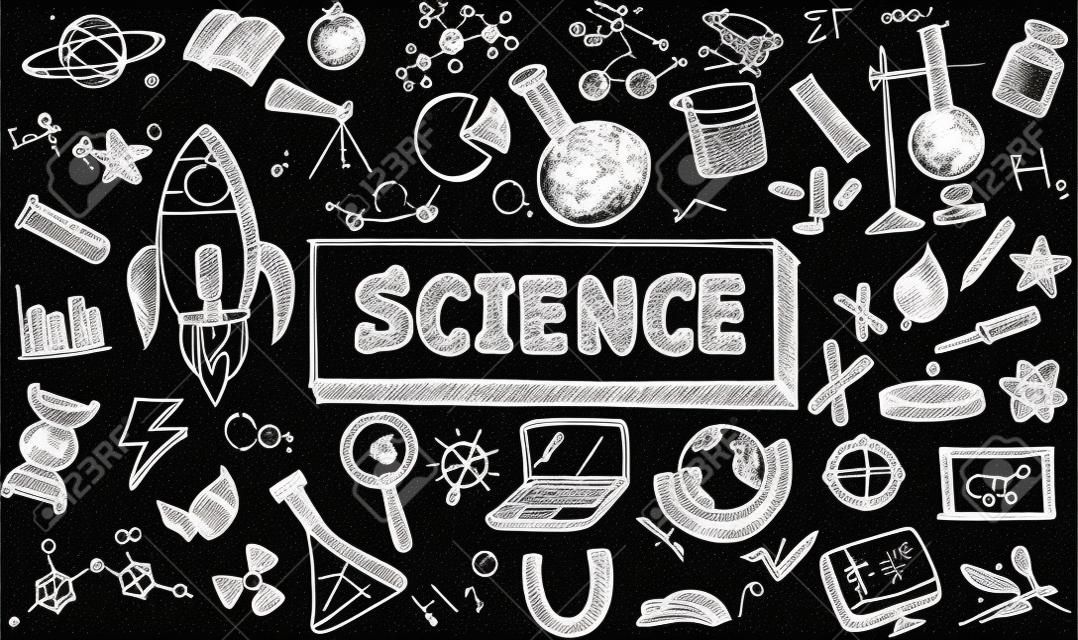 Zwarte en witte schets wetenschap scheikunde fysica biologie en astronomie onderwijs onderwerp doodle pictogram.
