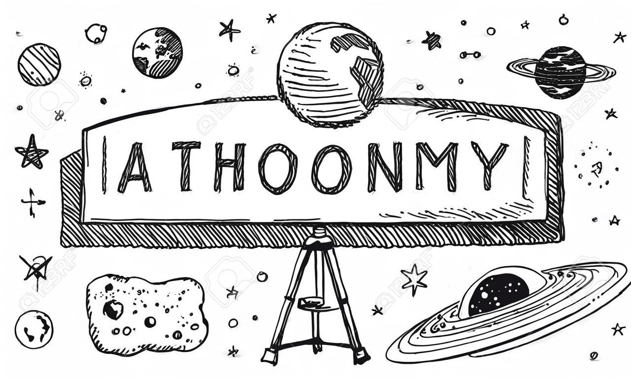 Black and white sketch astronomy science education subject doodle icon, doodle for presenation title or school education promotion in fundamental astronomy science concept, create by vector