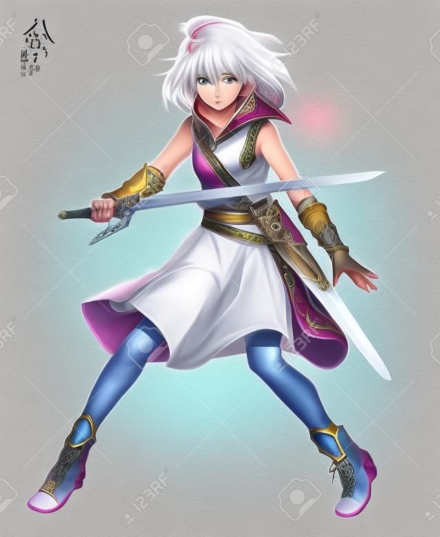 ファンタジー女戦士や剣士魔法剣士騎士のかわいいオリジナル キャラクター デザインという分離の白い背景を持つ日本のマンガ スタイルのイラスト Lenaria