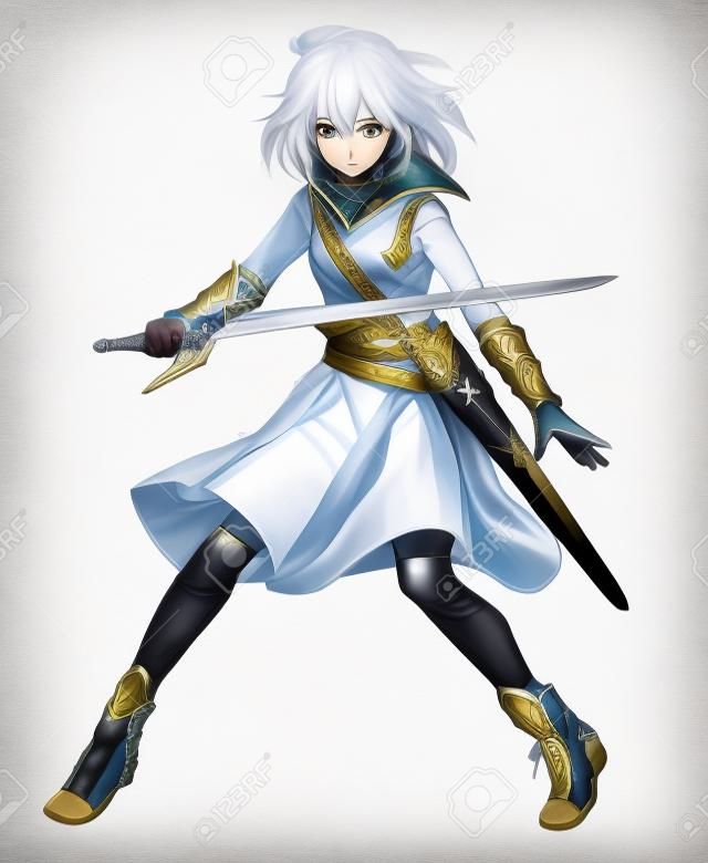 Cute original character design of fantasy female girl warrior or swordswoman magic fencer knight named Lenaria in Japanese manga illustration style with isolated white background