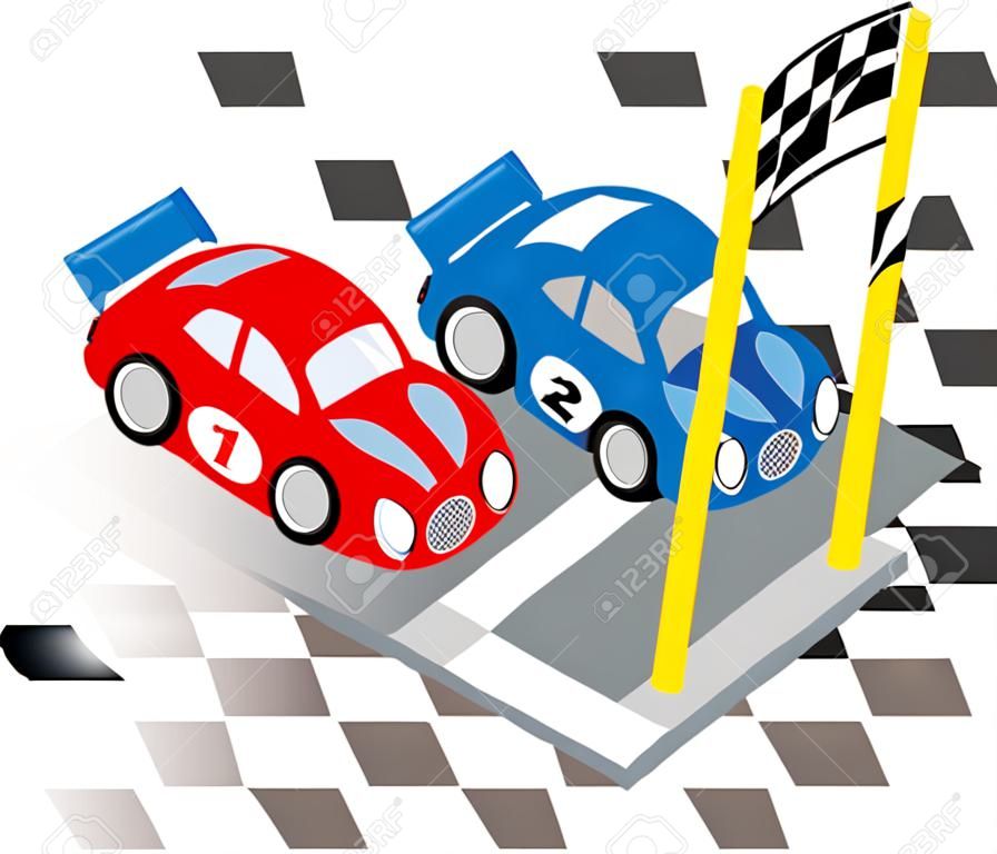 Realizar un seguimiento de dos coches de carrera divertida en la raza con la línea de meta y la bandera a cuadros
