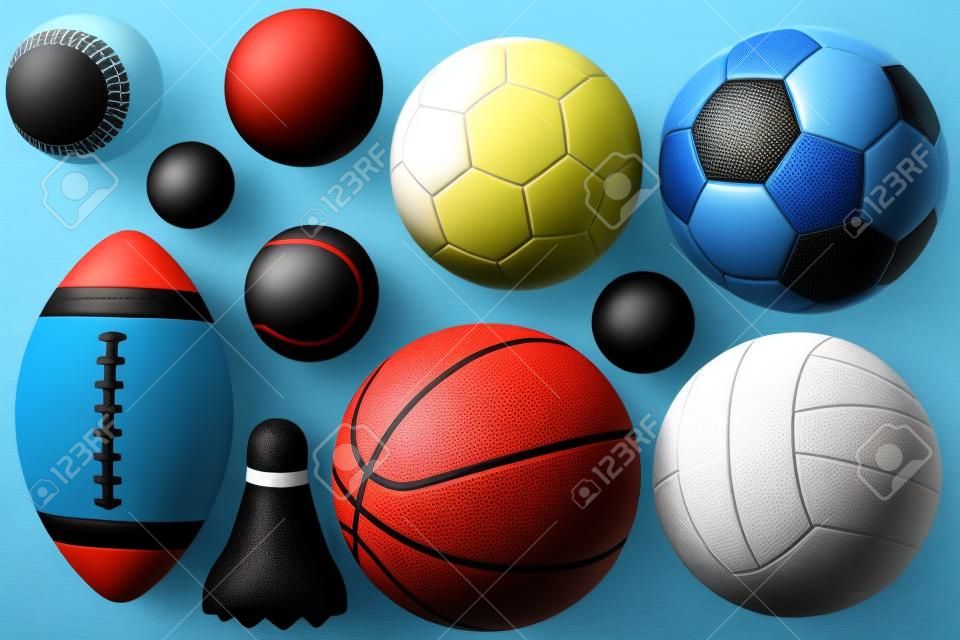 een set van verschillende sportuitrustingen en ballen