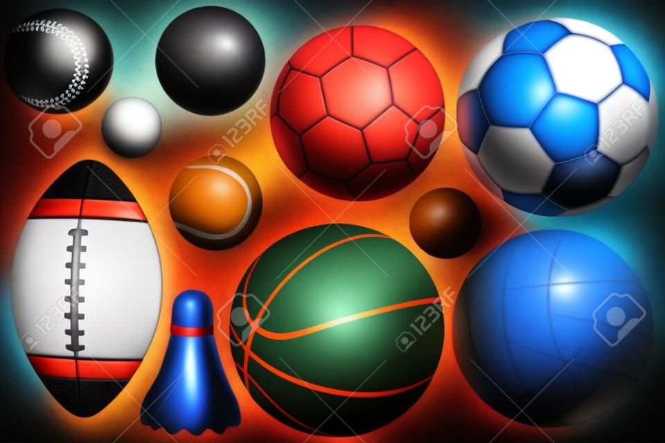 una serie di attrezzature sportive diverse e palle