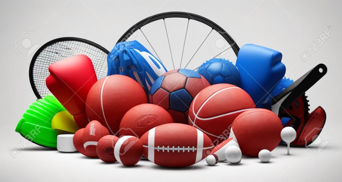 huge collection stack of sport balls gear equipment from various sports concept isolated on white background
