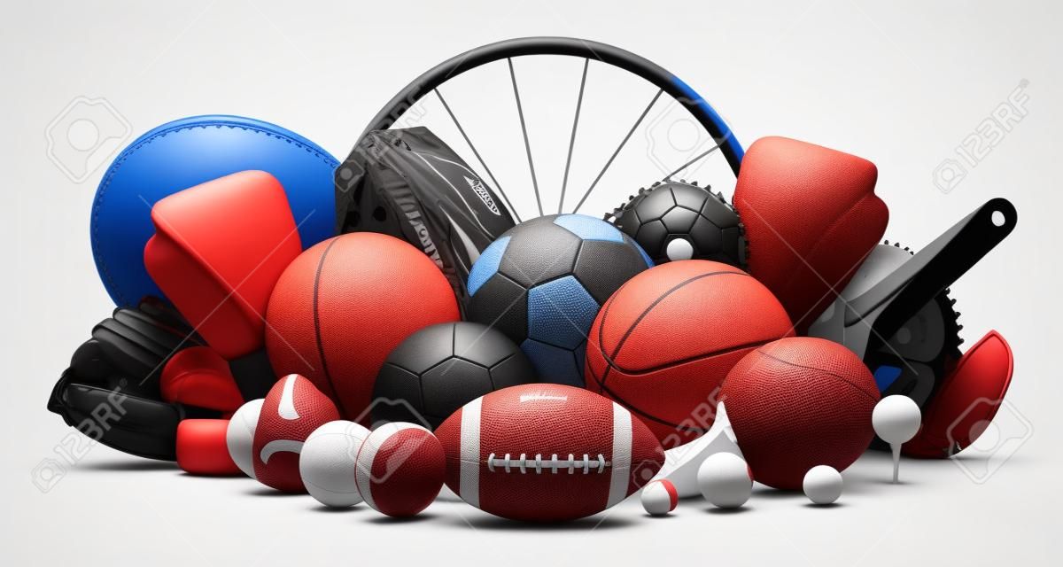 huge collection stack of sport balls gear equipment from various sports concept isolated on white background