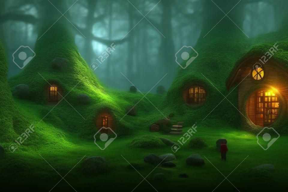 Fantasy tree house with light in a dense forest. AI generated computer graphics. 3D rendering.