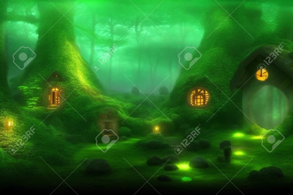 Fantasy tree house with light in a dense forest. AI generated computer graphics. 3D rendering.