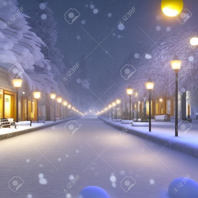 Winter park in the evening covered with snow with a row of lamps. AI generated computer graphics. 3D rendering.