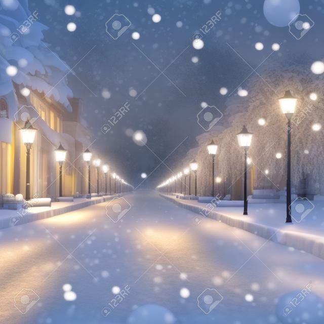 Parque de inverno à noite coberto de neve com uma fileira de lâmpadas. AI gerou gráficos de computador. renderização 3D.