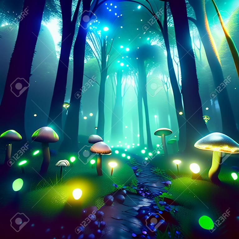 Magic light in night forest. Magical glowing growing mushrooms. 3D Rendering