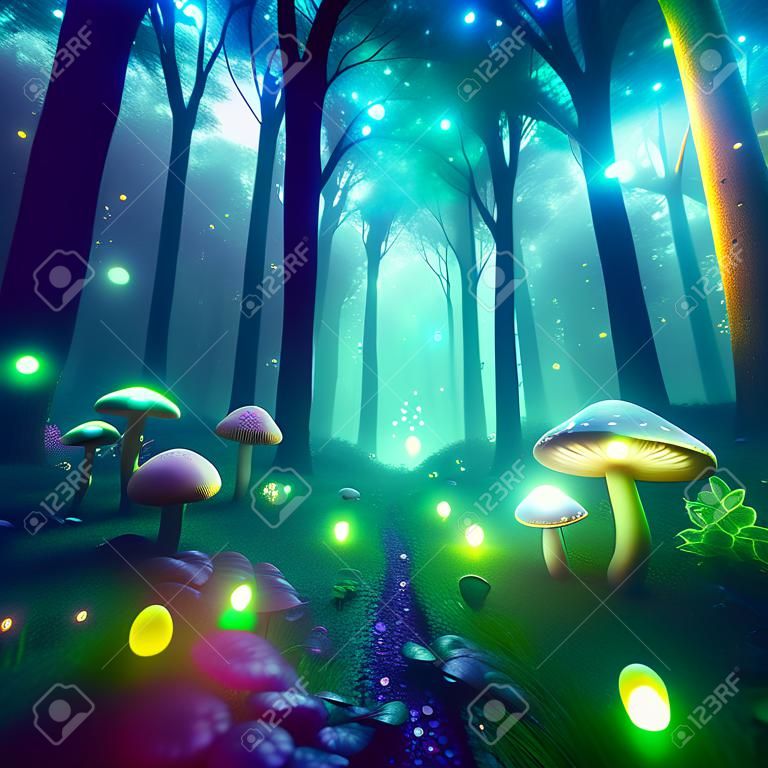 Magic light in night forest. Magical glowing growing mushrooms. 3D Rendering