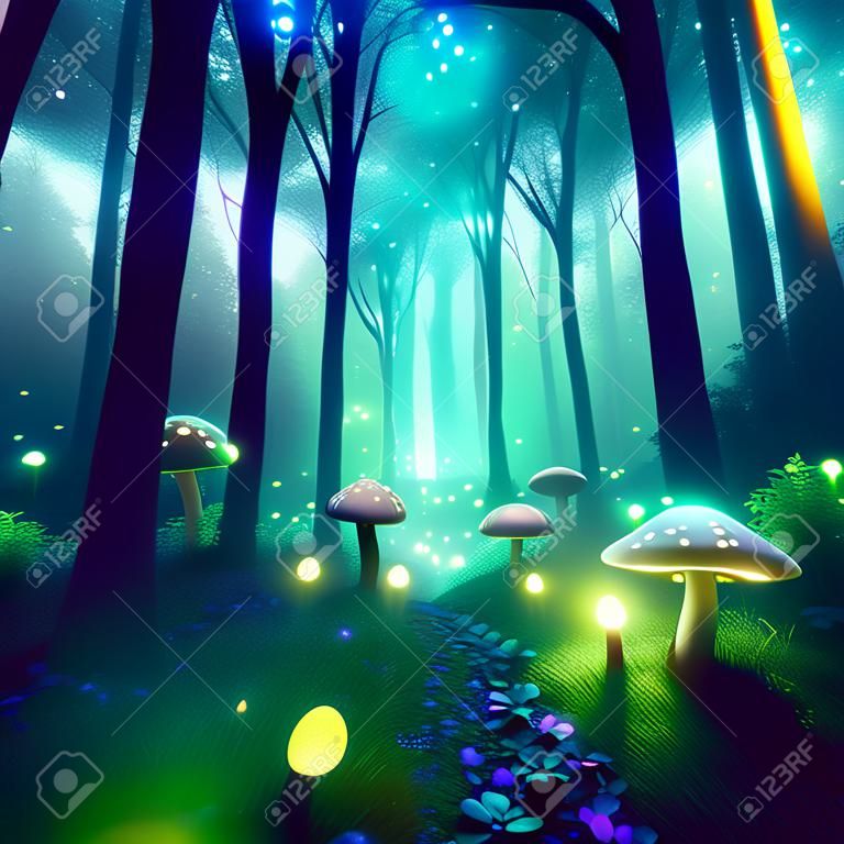 Luce magica nella foresta notturna. funghi in crescita magici e luminosi. rappresentazione 3d