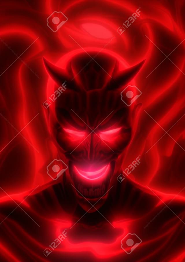 De duivel, 3D render van grijnzende rode duivel en hellevuur