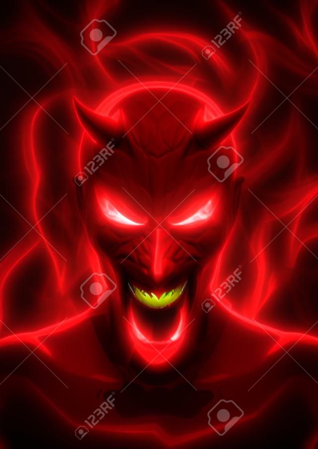 O diabo, render 3D de diabo vermelho sorridente e fogo do inferno