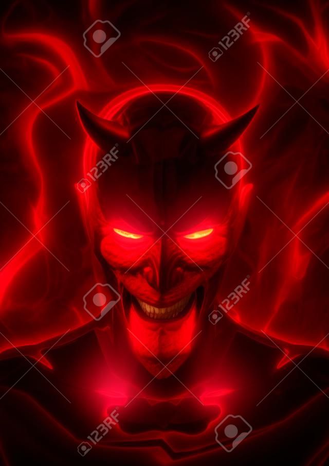 魔鬼，3D渲染笑嘻嘻的紅魔鬼和地獄火